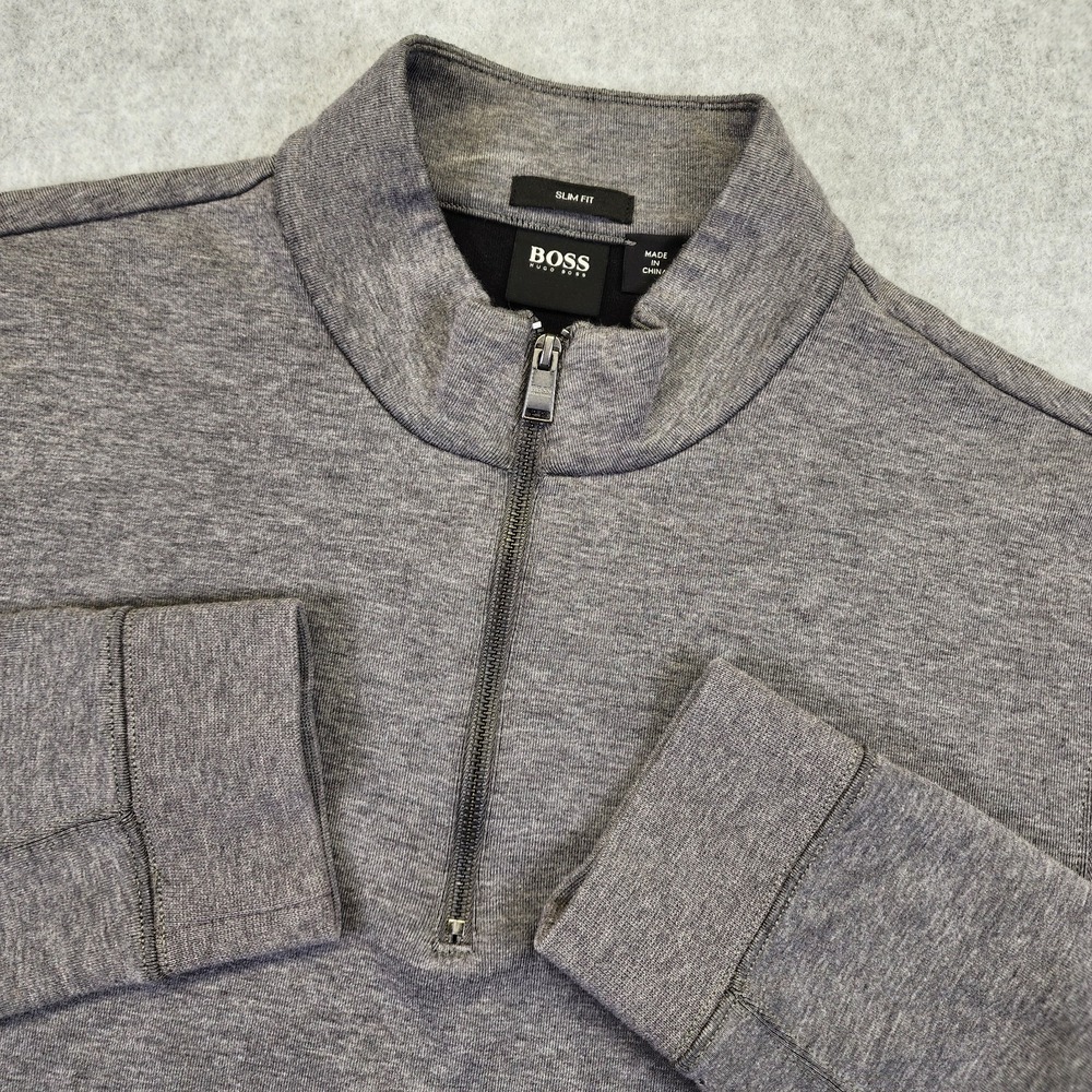 BOSS HUGO BOSS Mens Large Gray Mock Neck 1/4 Snap Pullover Sweater Slim Fit